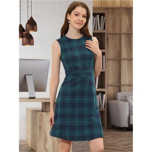 Women's Plaid Dress Sleeveless A Line Green Blue - Picture 2 of 5